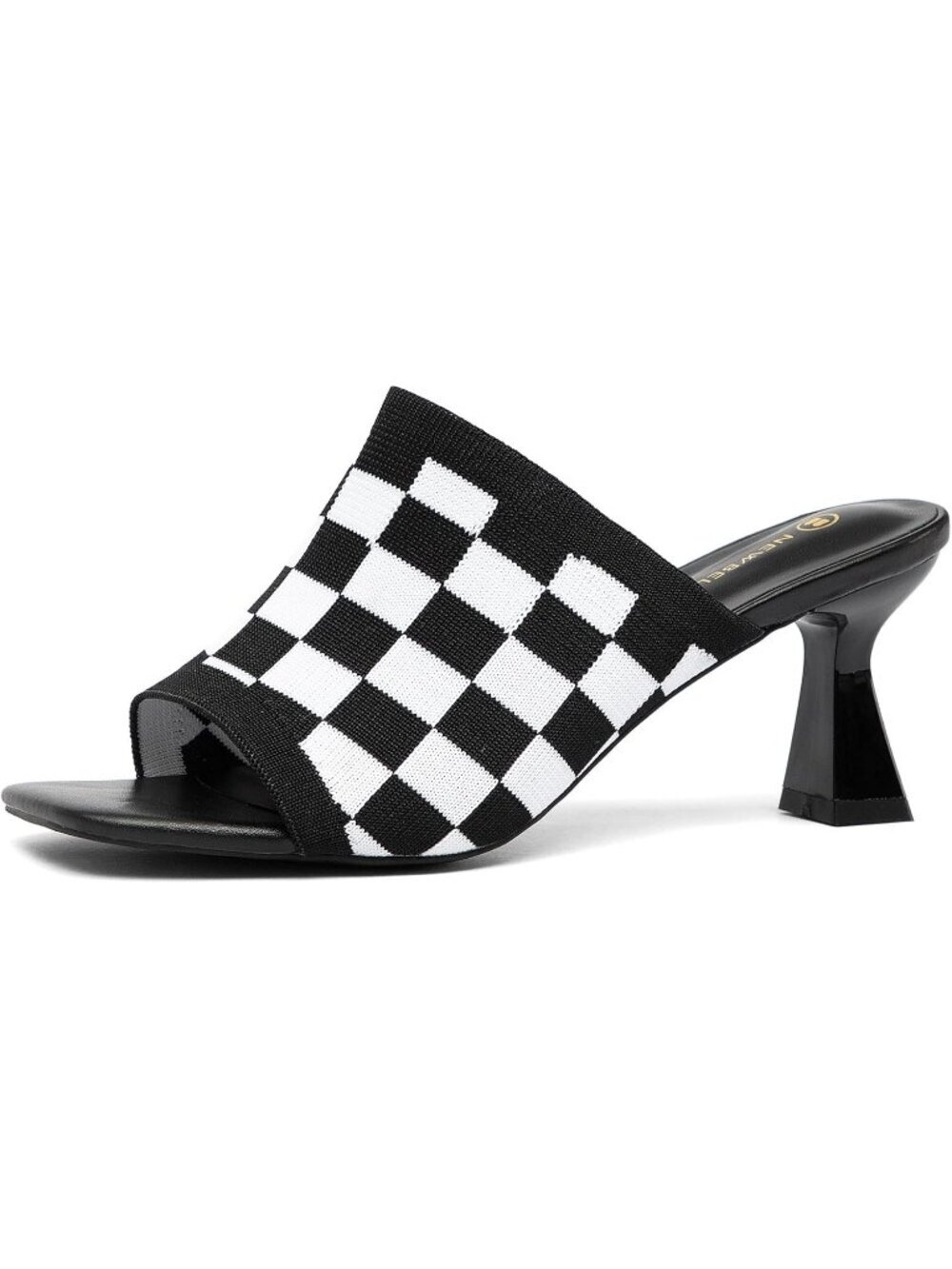 Women's Square Toe Heeled Sandals Chunky Black White Kitten Heel Slip On Sandals